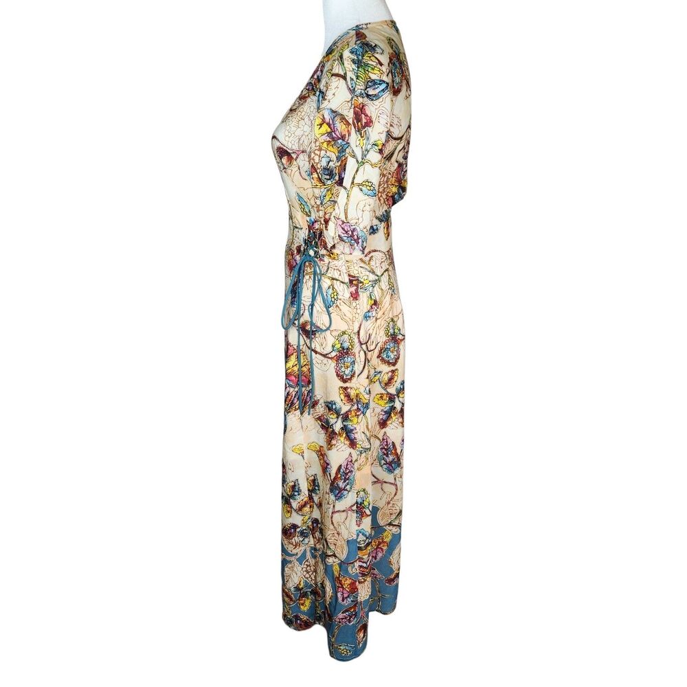 Pure Silk Botanical Kimono Sleeve Side tie Maxi Dress Small Fairycore Unbranded - Picture 4 of 12